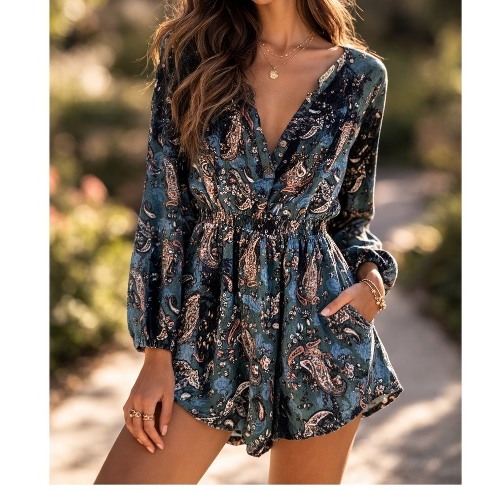 New Mimi Chica Women's‎ Size M Teal Paisley Lace Up Long Sleeve Romper PBGW887